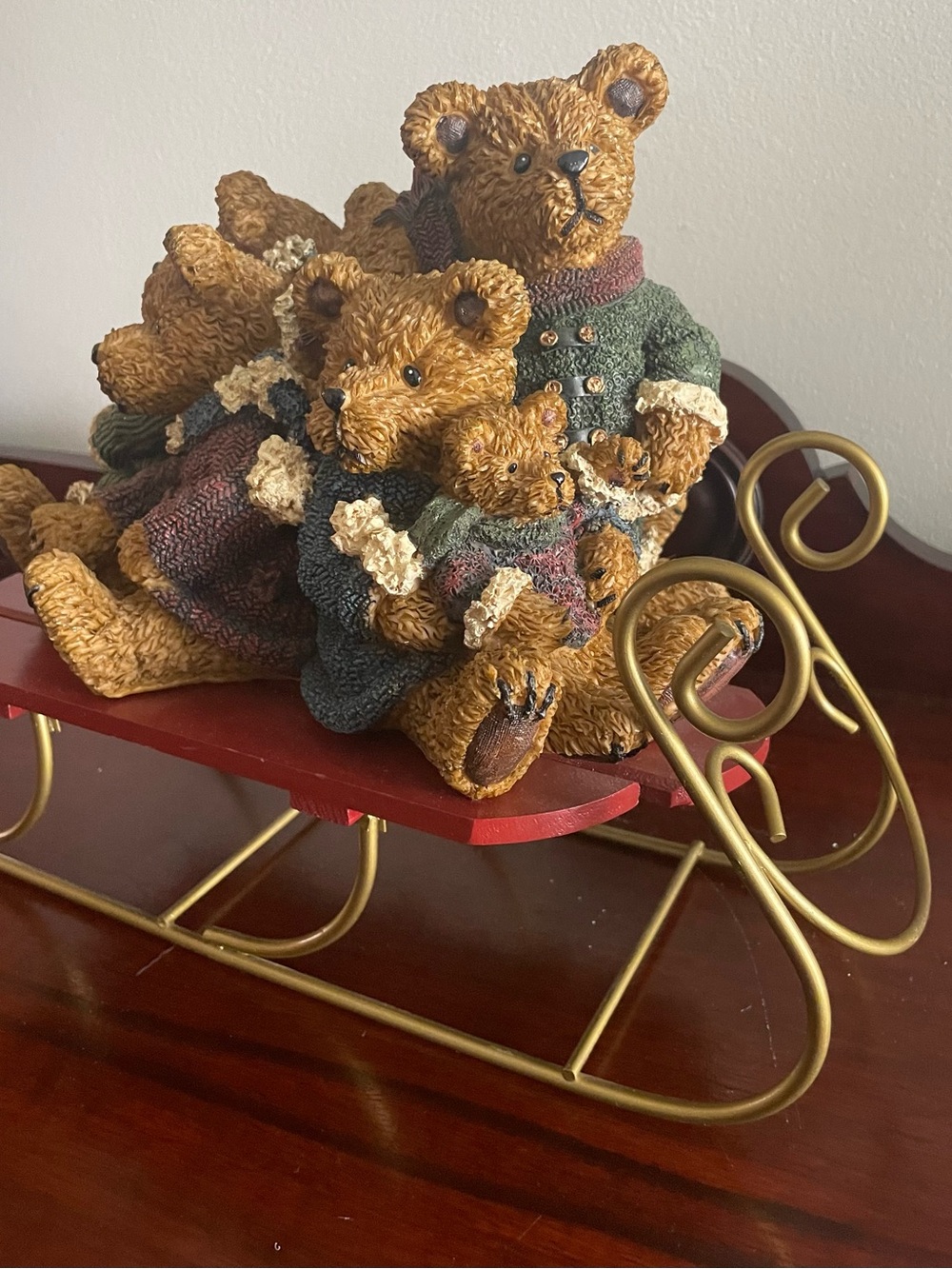 Festive Brown Bear Family on Red Sleigh Decorative Sculpture